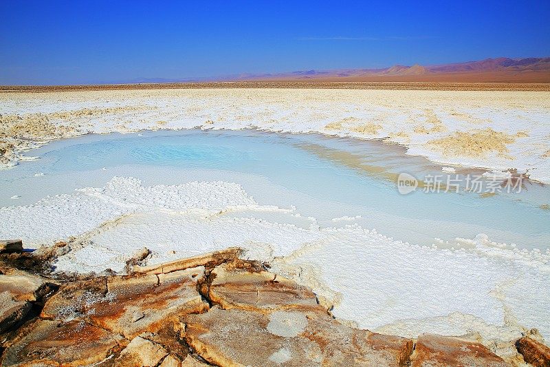 Lagunas escondidas Baltinache - Baltinache和Atacama salar flats - Turquoise salt lakes mirrored reflection and田诗化的阿塔卡马沙漠，火山景观全景- San Pedro de Atacama，智利，Bolívia和阿根廷边境